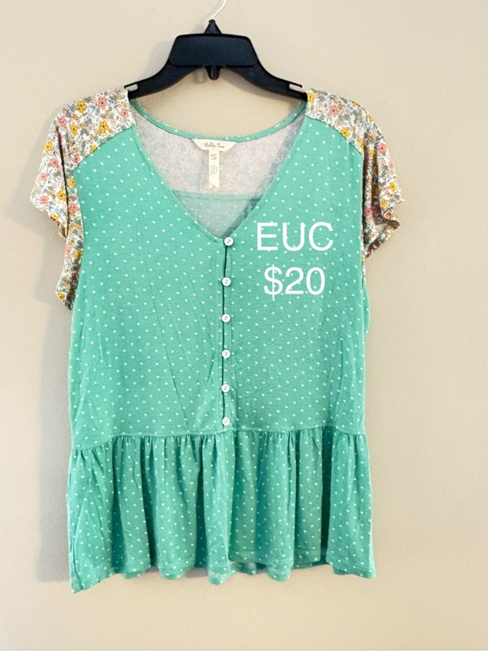Matilda Jane Mint Polka Dot Peplum Top with Floral Sleeves